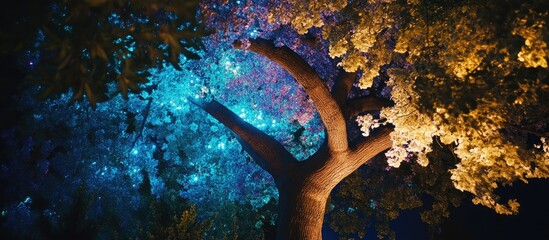 Leinwandbilder - Enchanting illuminated trees in vibrant colors during night time serenity