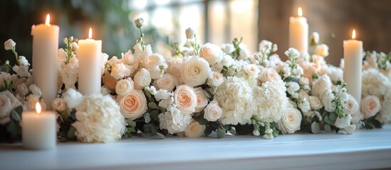Aufkleber - Elegant white table adorned with fresh flowers and lit candles creating a serene ambiance for events or celebrations.