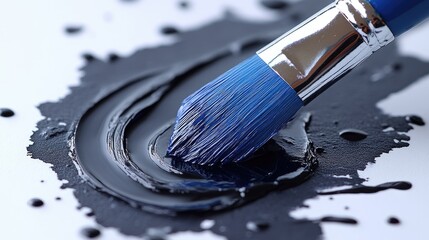 Aufkleber - Black watercolor spill with a blue paintbrush on white background showcasing artistic creativity and paint texture details.