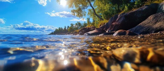 Poster - Summer landscape with calm sea water and blue sky showcasing natural serenity and seasonal beauty in a coastal setting.