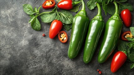 Wall Mural - Fresh jalapeno and red chili peppers with spinach on a textured slate background ideal for food preparation and culinary presentations