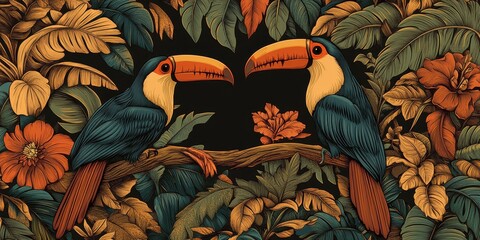Poster - Two vibrant toucans perched among lush foliage and colorful flowers, creating a lively tropical scene.