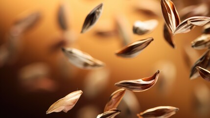 Poster - Abstract blurred background featuring falling maple seeds in motion with warm earthy tones for a natural and calming atmosphere