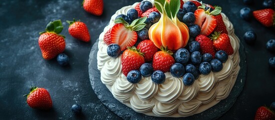 Poster - Pavlova cake with French meringue and whipped cream topped with fresh strawberries blueberries and physalis on dark background