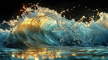 Poster - Vibrant water wave with dynamic splashes reflecting light in an artistic ocean scene showcasing natural beauty and movement