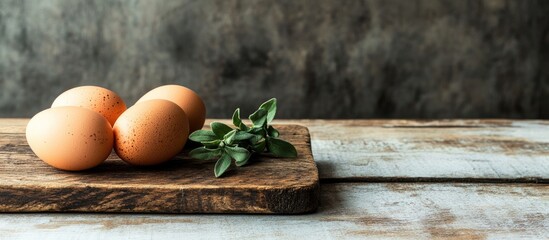 Aufkleber - Rustic wooden board with fresh eggs and herbs perfect for culinary presentations or card designs featuring ample copy space