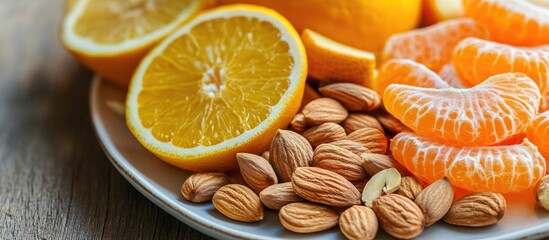 Poster - Fresh citrus fruits and nuts elegantly displayed on a plate highlighting healthy eating on a rustic wooden table for wellness promotion