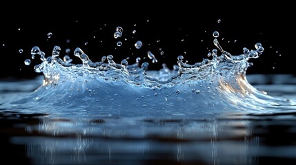 Poster - Stunning water splash creating dynamic droplets with a dark background emphasizing purity and movement in fluid dynamics.