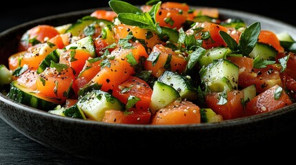 Poster - Fresh vegetable salad with cucumbers tomatoes and herbs in black bowl on dark background promoting healthy eating and vibrant flavors