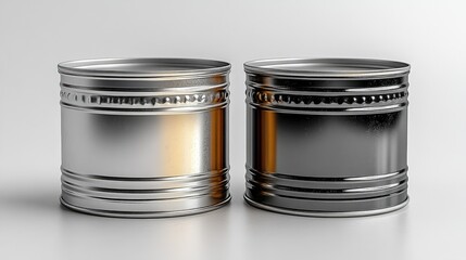 Poster - Metallic tin cans isolated on a clean white background showcasing different finishes ideal for packaging design and product presentation.