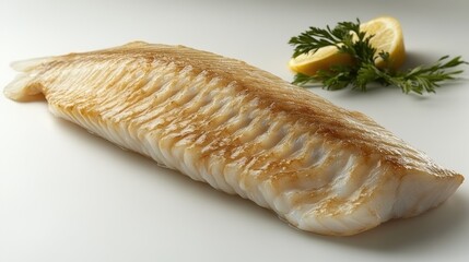 Poster - Tilapia fish fillet with fresh herbs and lemon slice on a neutral background for culinary or seafood presentations