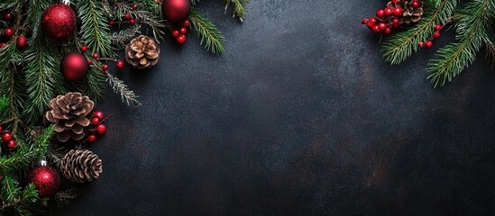 Poster - Festive holiday table arrangement showcasing rustic pinecones and ornaments with greenery on a dark textured background