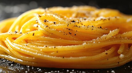 Fototapete - Delicious spaghetti alfredo served elegantly on a dark surface with thyme and black pepper for a gourmet dining experience.