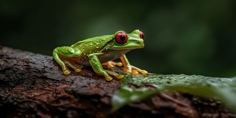 Aufkleber - A vibrant green frog with red eyes perches on a branch, surrounded by lush greenery, showcasing the beauty of nature.