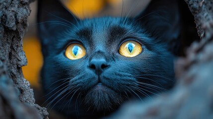 Poster - Mystical close-up of a black cat's face with striking yellow eyes surrounded by natural textures in a captivating outdoor setting
