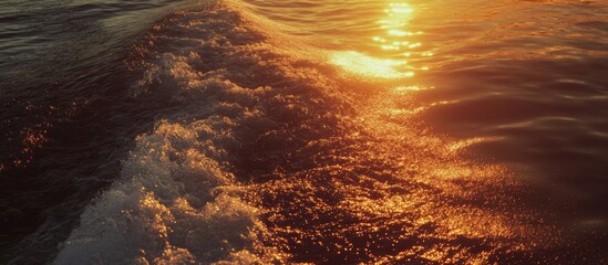 Aufkleber - Ferry wake illuminated by a golden sunset reflecting on calm water creating a serene and picturesque seascape scene