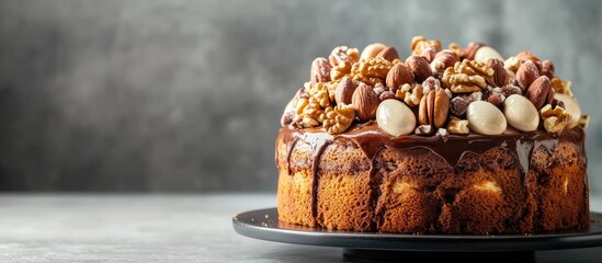 Poster - Traditional Easter cake with a nut topping displayed on a dark gray background for festive holiday celebrations and culinary delights