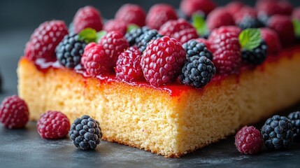 Poster - Sponge cake topped with assorted fresh berries on a dark background showcasing vibrant colors and textures for dessert presentations.