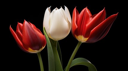 Poster - Colorful tulips in vibrant red and white against a black background showcasing nature's beauty and elegance in floral arrangements