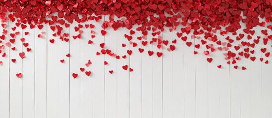 Poster - Valentine's Day decor with cascading red heart shapes over a white wooden background ideal for romantic themes and celebrations