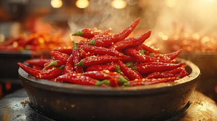Poster - Spicy red chili peppers piled high showcasing vibrant ingredients in traditional cooking methods