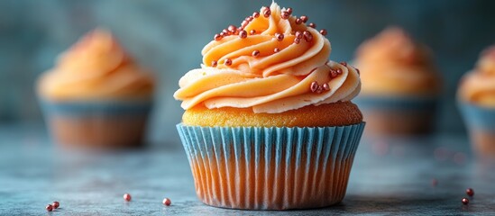 Poster - Delicious cupcake with orange frosting and sprinkles on a soft blue background perfect for text overlay and dessert promotions