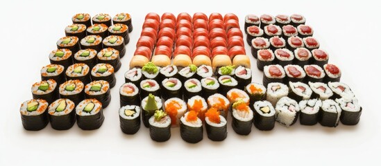 Aufkleber - Assorted colorful sushi maki rolls beautifully arranged for an appetizing food display ideal for culinary promotions or restaurant menus