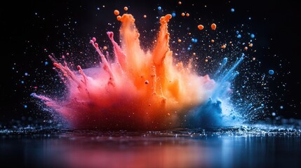 Poster - Vibrant water splash amid colorful dust explosion creating dynamic visual effects against a dark backdrop.