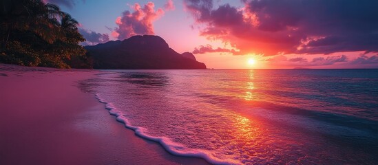 Aufkleber - Tropical beach sunset with vibrant colors and serene waves reflecting the beauty of nature at dusk.