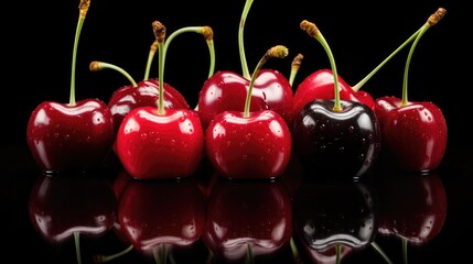 Poster - Assorted ripe cherries with reflections on a black background showcasing vibrant colors and textures for a fresh produce concept.