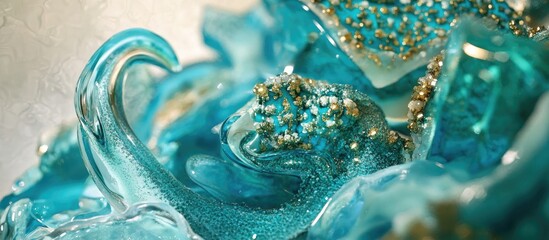 Poster - Intricate turquoise aqua texture with sparkling details and bubbles reflecting light in a close-up view of artistic glasswork.