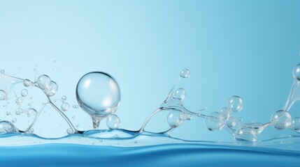 Poster - Water waves and bubbles creating dynamic patterns against a serene blue background highlighting fluid motion and freshness.