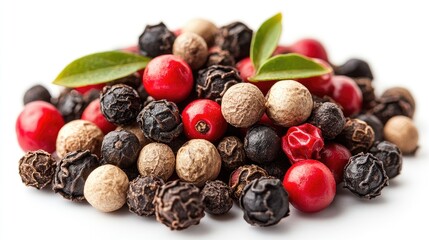 Poster - Colorful mix of red and black peppercorns with green leaves on a clean white background showcasing culinary spices and food aesthetics.