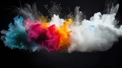 Poster - Vibrant explosion of colorful powder creating a dynamic cloud formation against a dark background showcasing vivid dust and motion.