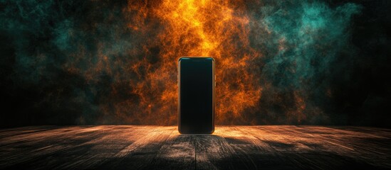 Aufkleber - Smartphone showcased on a rustic wooden table with dramatic lighting for promotional telecommunications and advertising concepts.