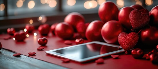 Poster - Valentine's Day festive flatlay with red heart balloons notepad and tablet on red backdrop creating a romantic mockup space for text
