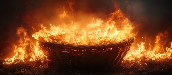 Poster - Flames engulfing a large woven basket in a dramatic fire scene set against a dark background creating a striking visual impact.