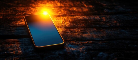 Poster - Smartphone with blank screen glowing in low light on wooden surface concept of technology and visual communication design