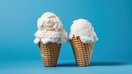 Aufkleber - Two delicious scoops of vanilla ice cream on waffle cones set against a bright blue background for a refreshing dessert experience