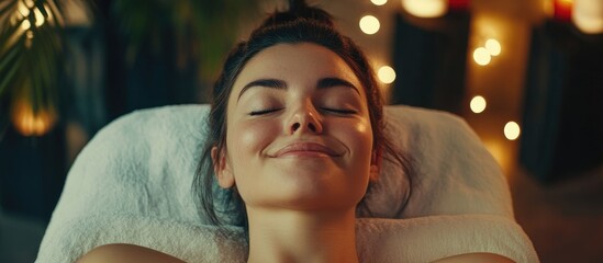 Poster - Relaxation and Self-Care A serene woman enjoying a soothing hot stone massage in a tranquil spa setting illuminated by soft lights