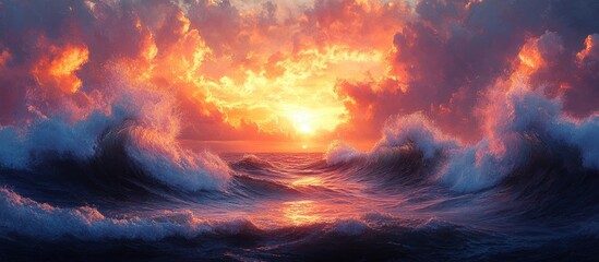 Poster - Vibrant sunset over dynamic ocean waves creating a serene and joyful atmosphere with dramatic clouds and warm colors in the sky