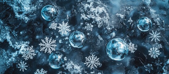 Poster - Winter landscape featuring snowflakes and ice spheres on a frozen surface observed from an aerial perspective.