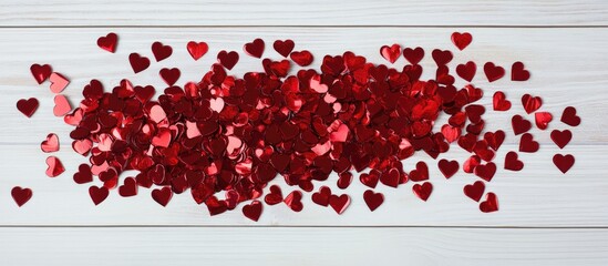 Leinwandbilder - Red heart shaped sequins scattered on white wooden table creating a romantic Valentine s Day decoration flat lay backdrop