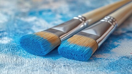 Aufkleber - Professional paintbrushes with blue bristles resting on a textured canvas highlighting the artistry and tools of creative expression.