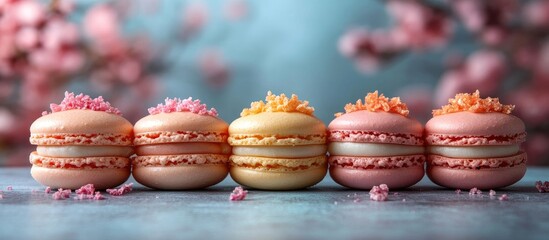 Poster - Vibrant Macarons Arrangement on Pastel Blue Backdrop with Floral Accents Perfect for Valentine s Day Celebrations and Sweet Treat Promotions