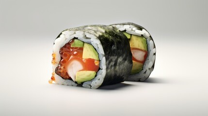 Aufkleber - Sushi roll with fresh ingredients on a neutral background showcasing vibrant colors and textures in gastronomy presentation.