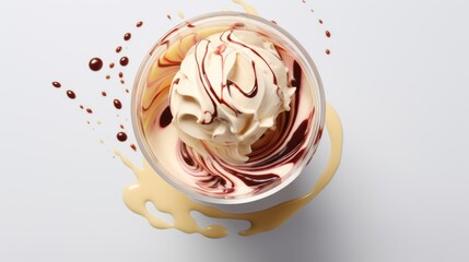 Aufkleber - Top view of creamy ice cream swirl in a cup with chocolate drizzle and caramel splash on a light background