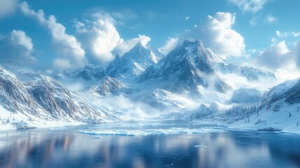 Poster - Majestic glacier landscape with towering mountains and dramatic clouds reflecting on tranquil water surface in a serene natural setting