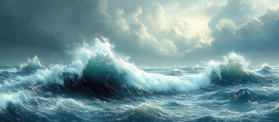 Poster - Turbulent ocean waves under dramatic skies with breakwaters illustrating nature's raw power and beauty.