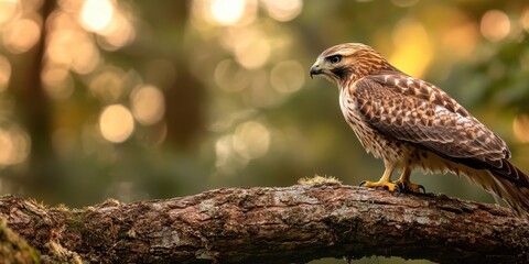 Poster - A hawk perches on a branch, surrounded by a soft, blurred background of green and golden hues, capturing a serene moment in nature.